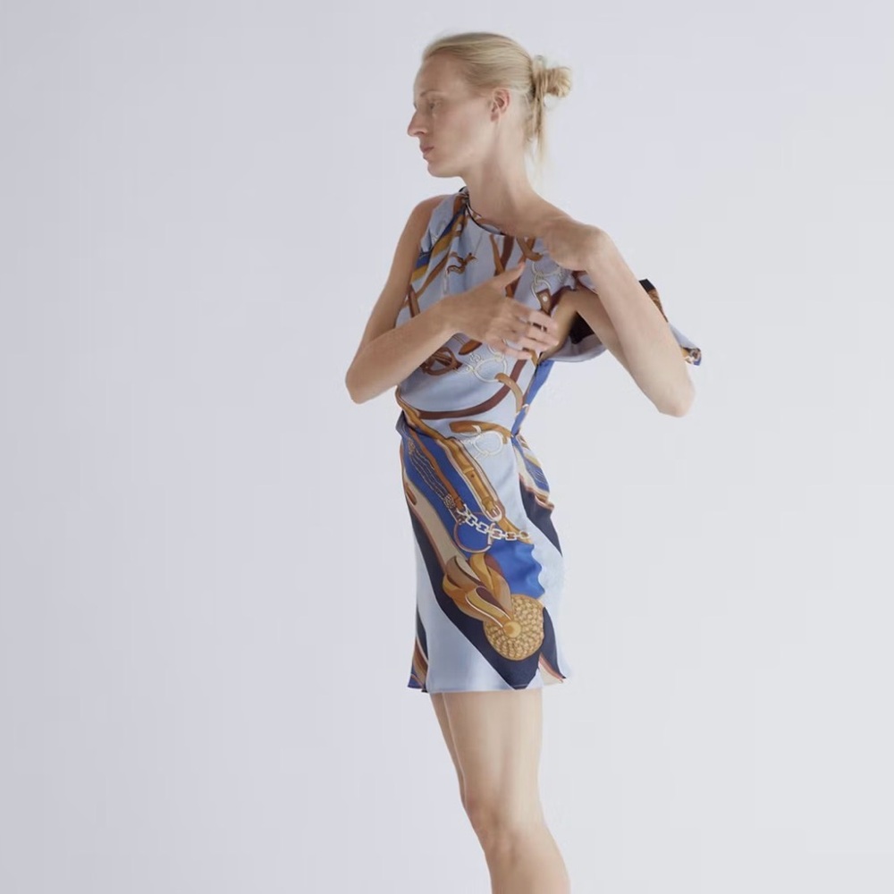 Mango Blue and Tan Printed Mini Asymmetrical Dress